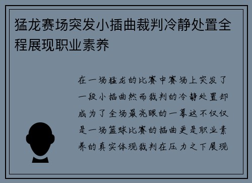 猛龙赛场突发小插曲裁判冷静处置全程展现职业素养